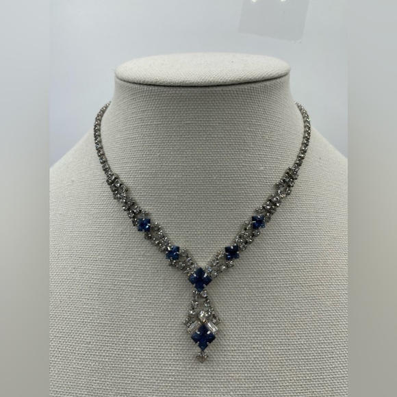 Statement Blue Clear Crystal Rhinestones Collar Necklace and Earring Set - Picture 3 of 6